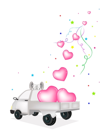 Many Beautiful Pink Hearts Falling From The Air into A Pickup Truckのイラスト素材