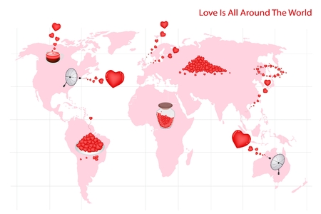 Detailed Illustration of A Pink Map of Heart Distribution Around The World Isolated on White Background.
のイラスト素材