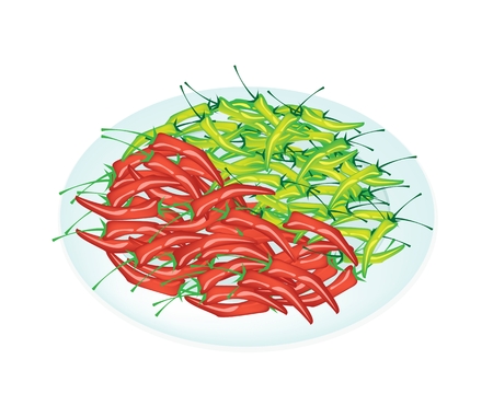 Vector Illustration of Fresh Red Hot Chili Pepper and Green Hot Chili Pepper in A White Dish Isolated on White Backgrounds のイラスト素材