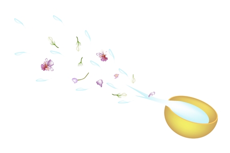 Songkran Festival, Vector Illustration of A Golden Bowl Throwing Water with Corolla of Roses and Jasmines at Each Other on Thailand New Year.
のイラスト素材
