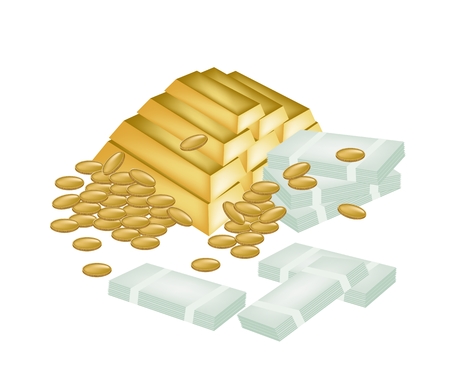 Vector Illustration of Stack of Money, Goledn Coin and Gold Bars Isolated on White Background.
のイラスト素材