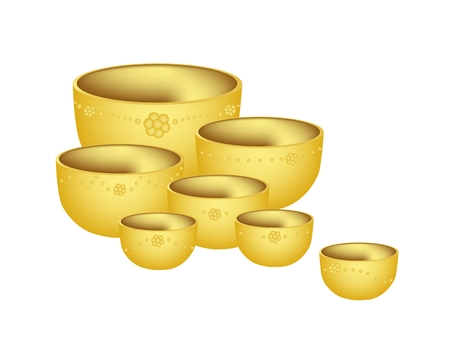 Illustration Various Size of Golden Empty Bowls Isoleted on White Background, Usually Made of Metal Such As Copper, Silver, Brass or Steel.
のイラスト素材