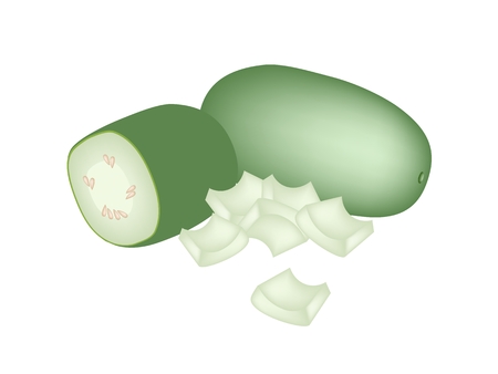 Vegetable, Illustration of Whole and Chopped Winter Melon, Wax Gourd or Chalkumra Isolated on White Background.
のイラスト素材