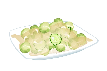 Stir Fried Brussels Sprout with Oyster Sauce or Fish Sauce on A White Dish, Healthy and Flavoursome Dish in Asian Restaurant.

のイラスト素材