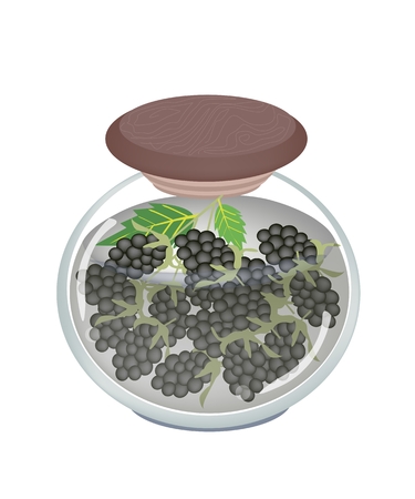 Fruit, An Illustration of Preserved Blackberries, Blackberry Jam or Blackberries Compote in Syrup of Water and Sugar in Glass Jar Isolated on White Background.
のイラスト素材
