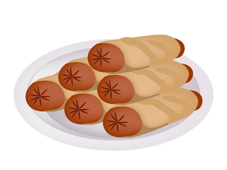 Illustration of A Stack of Rolled of Pancake Sausage on A White Disk Isolated on White Background.
のイラスト素材