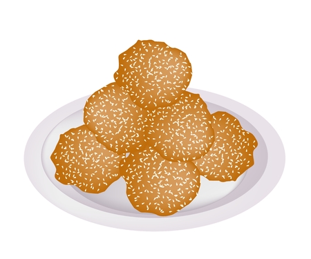 Food and Snack, Illustration of Cheese Balls, Dauphine Potato, Deep Fried Sweet Potato Balls or Croquettes Covered with Sesame on White Dish.のイラスト素材
