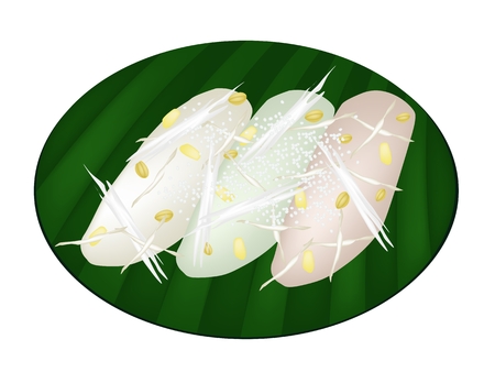 Thai Traditional Dessert, Three Rice Crepe Made From Glutinous Flour and Split Mung Beans Topping With Shredded Coconut on Green Banana Leaf.
のイラスト素材