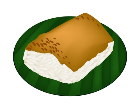Thai Dessert, An Illustration of Sweet Sticky Rice Topped with Steamed Egg Custard on Green Banana Leaf.のイラスト素材