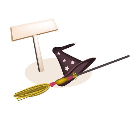 An Illustration of Empty Wooden Sign Board with Witch Hat and Broomstick Isolated on White Background, For Halloween Celebration.のイラスト素材