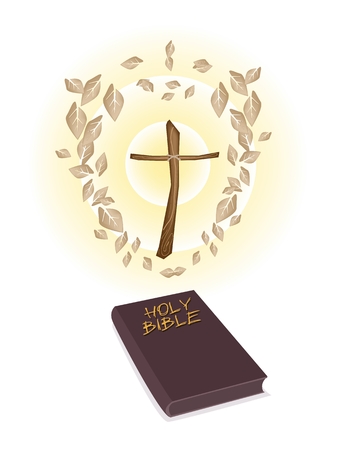 An Illustration of Dried Leaves Around A Wooden Cross with Brown Covered Bible Isolated on White Background, The Foundation of Christianity.のイラスト素材