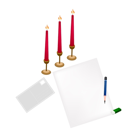 A Sharpened Pencil, Eraser and  Red Candles with Blank Paper, Postcard and Envelope.のイラスト素材