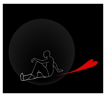 A Symbol of Love, Illustration of Romantic Young Man Sitting Down Alone with Red Hearts on A Black Background.のイラスト素材