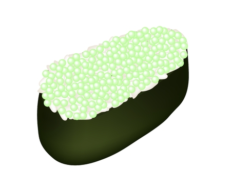 Japanese Cuisine, Illustration of Delicious Green Ebiko Sushi, Tobiko Sushi or Flying Fish Caviar Sushi Isolated on White Background.のイラスト素材
