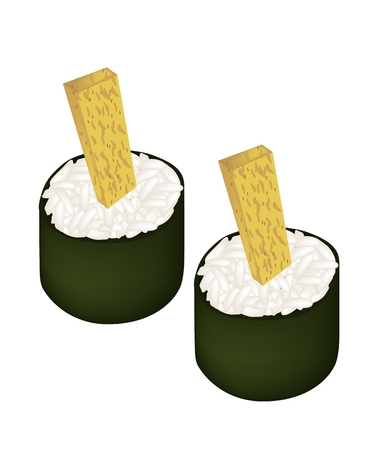 Japanese Cuisine, Illustration of Tamagoyaki Maki or Japanese Omelett Sushi Roll Isolated on White Background.のイラスト素材