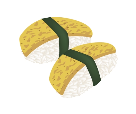 Japanese Cuisine, Illustration of Tamagoyaki Sushi or Japanese Omelett Nigiri Isolated on White Background.のイラスト素材