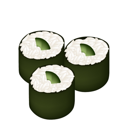 Japanese Cuisine, Illustration of Fresh Avocado Sushi Roll or Avocado Maki Isolated on White Background.のイラスト素材