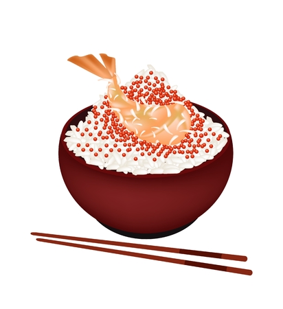 Japanese Cuisine, Illustration of White Steamed Rice Topping with Tobiko and Ebi Tempura in Donburi Bowl Isolated on A White Background.のイラスト素材