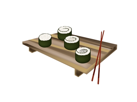Japanese Cuisine, Illustration of Fresh Rice Sushi Rolls or Rice Makimono Rolls Topping with Sesame on Wooden Geta Plate with Chopsticks.のイラスト素材