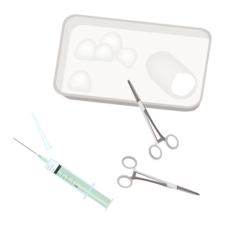 Illustration of Medical Syringe, Scissors and Cotton Balls Isolated on A White Background.のイラスト素材