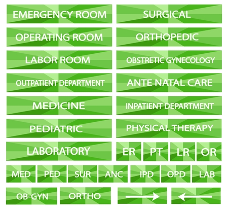 Illustration Collection of Green Hospital Signs and Medical Abbreviations of Different Departments at A Hospital.のイラスト素材