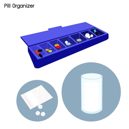 Medical Concept, Illustration of Pharmacy Bag with Pill Organizer, Pill Container or Pill Box Isolated on A White Background.のイラスト素材