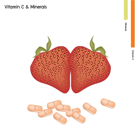 Healthcare Concept, Illustration of Strawberries with Vitamin C Tablet, Essential Nutrient for Lift.のイラスト素材