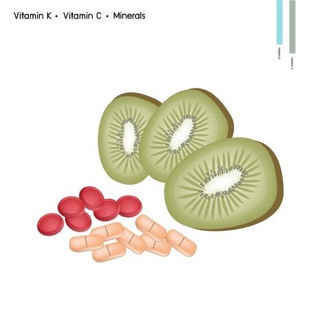 Healthcare Concept, Illustration of Kiwi Fruits with Vitamin C, K and Minerals Tablet, Essential Nutrient for Lift.のイラスト素材