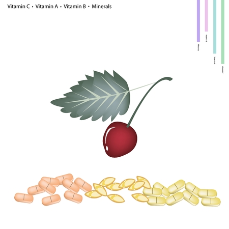 Healthcare Concept, Illustration of Red Cherries with Vitamin C, Vitamin A, Vitamin B and Minerals Tablet, Essential Nutrient for Life.のイラスト素材