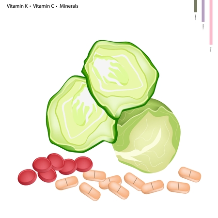 Healthcare Concept, Illustration of Cabbage with Vitamin K, Vitamin C and Minerals Tablet, Essential Nutrient for Life.のイラスト素材