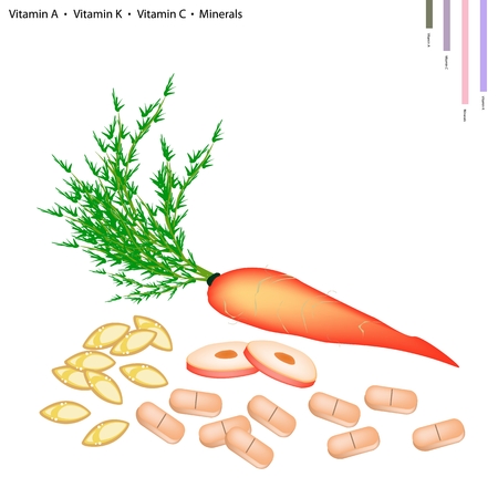 Healthcare Concept, Illustration of Carrot with Vitamin A, Vitamin K, Vitamin C and Minerals Tablet, Essential Nutrient for Life.のイラスト素材