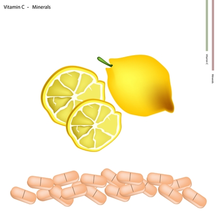 Healthcare Concept Illustration of Fresh Lemon with Vitamin C Tablet Essential Nutrient for Life.のイラスト素材