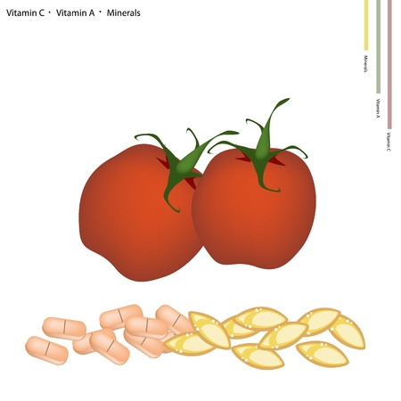 Healthcare Concept Illustration of Ripe Tomatoes with Vitamin C and Vitamin A Tablet Essential Nutrient for Lift.のイラスト素材