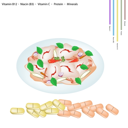 Healthcare Concept Thai Spicy and Sour Shrimp Salad with Vitamin B12 Niacin or B3 Vitamin C Protein and Minerals Tablet Essential Nutrient for Life.のイラスト素材