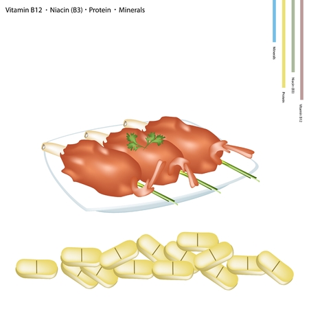 Healthcare Concept Illustration of Deep Fried Shrimps on Lemon Grass with Vitamin B12 Niacin or B3 Protein and Minerals Tablets Essential Nutrient for Life.のイラスト素材