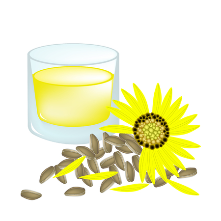 Beautiful Flower, Illustration Glass of Sunflower with Oil and Seeds Isolated on A White Background.のイラスト素材