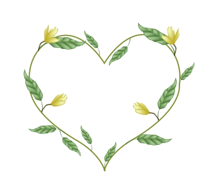 Love Concept, Brunch of Yellow Magnolia Flowers or Yellow Bird Magnolia Flowers Forming in Heart Shape Isolated on White Background.のイラスト素材