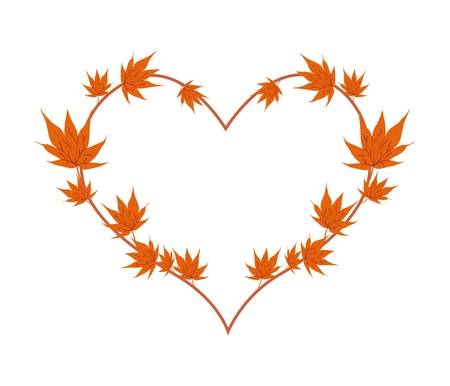 Love Concept, Illustration of Orange Maple Leaves Forming in Heart Shape Isolated on White Background.のイラスト素材