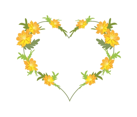 Love Concept, Illustration of Yellow Cosmos Flowers Forming in Heart Shape Isolated on White Background.のイラスト素材