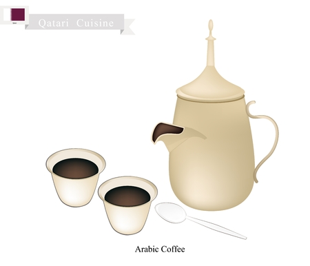 Qatari Cuisine, Arabic Coffee or Coffee Brewed from Dark Roast Coffee Beans Spiced with Cardamom. A Popular Beverage in Qatarのイラスト素材