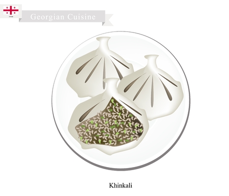 Georgian Cuisine, Khinkali or Dumpling Made of Twisted Knobs of Dough Stuffed with Meat and Spices. One of The Most Popular Dish of Georgia.のイラスト素材