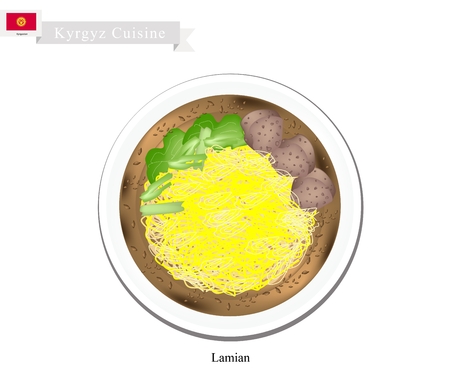 Kyrgyz Cuisine, Lamian or Chinese Style Noodle Soup Served with Beef or Mutton. One of Most Popular Dish in Kyrgyzstan.のイラスト素材