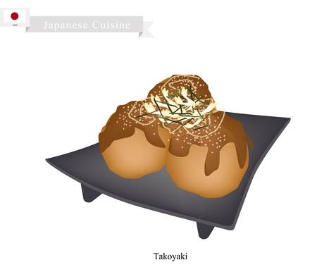 Japanese Cuisine, Takoyaki Made of Wheat Flour Based Batter Filled with Diced Octopus with Worcester Sauce and Mayonnaise. One of The Most Popular Dish in Japan.のイラスト素材