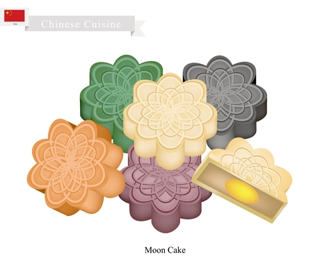 Chinese Cuisine, Chinese Moon Cake Filled with Red Bean or Lotus Seed Paste for Chinese Mid-Autumn Festival. One of Most Popular Dessert in China.のイラスト素材