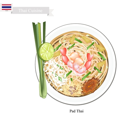 Thai Cuisine, Pad Thai or Traditional Thai Stir Fried Noodles with Shrimps. One of The Most Popular Dish in Thailand.のイラスト素材