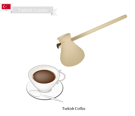 Turkish Cuisine, Turkish Coffee with Cezve or Turkish Coffee Pot. One of The Popular Beverage in Turkey.のイラスト素材