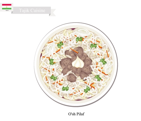 Tajik Cuisine, O'sh Pilaf or Rice with Meat and Vegetables. One of The Most Popular Dish in Tajikistan.のイラスト素材