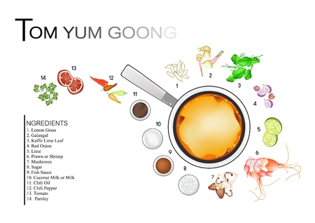 Thai Cuisine, Tom Yum Goong or Traditional Thai Spicy and Sour Soup with Shrimps Recipe. One of The Most Popular Dish in Thailand.のイラスト素材