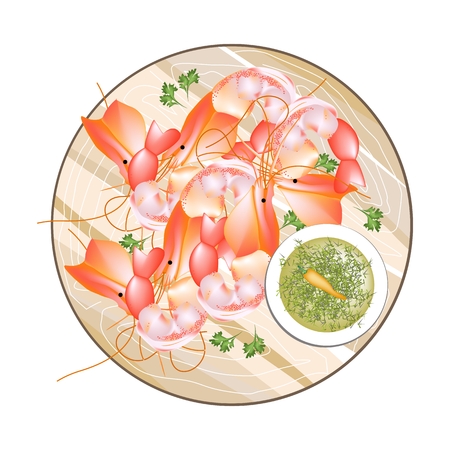 Thai Cuisine, Grilled River Prawn with Spicy and Sour Sauce. One of The Most Popular Recipe in Thailand.のイラスト素材