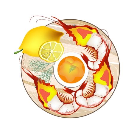 Seafood, Grilled Giant Prawn Served with Lemon Slices and Butter Sauce Isolated on White Background.のイラスト素材
